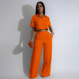 Solid Lapel Short Sleeve Wide Leg Pants Casual Set SFY-441