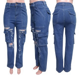 Loose High-waisted Holes Jeans LX-6975
