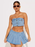 Wrap Chest Button Denim Split Skirt 2 Piece Set YMEF-51093