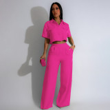 Solid Lapel Short Sleeve Wide Leg Pants Casual Set SFY-441
