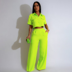 Solid Lapel Short Sleeve Wide Leg Pants Casual Set SFY-441