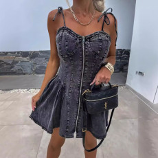 Fashion Patchwork Sling Zipper Denim Midi Dress GYAN-16869