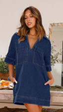 Lapel Short Sleeve Loose Denim Dress GYAN-3223