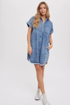Loose Cardigan Denim Short Sleeve Midi Dress GYAN-16805
