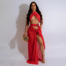 Sexy Halter High Split Solid Maxi Dress CYA-901200