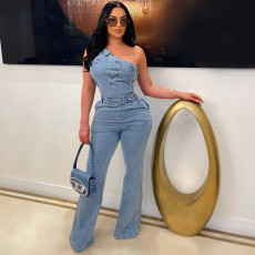 Slanted Shoulder Sleeveless Denim Flare Jumpsuit LX-6976