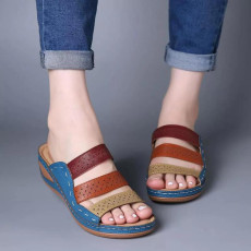 Colorblocked Hollow Out Slope Heel One Slippers GYUX-45566