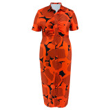 Plus Size Button Lapel Short Sleeve Long Dress GDAM-218391