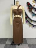 Solid Color Slash Shoulder Split Skirts Two Piece Set NY-10783