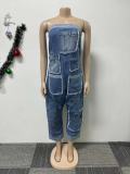 Fashion Denim Wrap Chest Patchwork Jumpsuit NY-5006