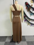 Solid Color Slash Shoulder Split Skirts Two Piece Set NY-10783