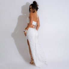 Tie Up Solid Color Slim Split Maxi Dress CYA-901188