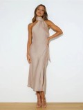 High Split Backless Neck Scarf Neck Midi Dress OD-8691