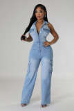 Sleeveless Halter Backless Denim Straight Jumpsuit LX-6981