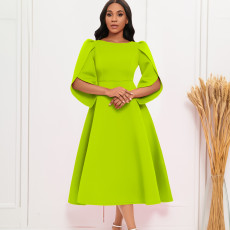 Solid Color 3/4 Sleeve Big Swing Midi Dress GATE-413