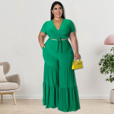 Plus Size Solid  Tie Up Short Sleeve Two Piece Pant Set GDAM-218191