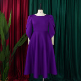Solid Color 3/4 Sleeve Big Swing Midi Dress GATE-413