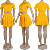 Short Sleeve Solid Pleated Skirt Two Piece Set BMF-010