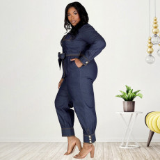Plus Size V-Neck Casual Denim Jumpsuit GDAM-21863