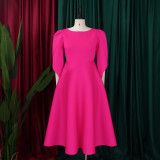 Solid Color 3/4 Sleeve Big Swing Midi Dress GATE-413
