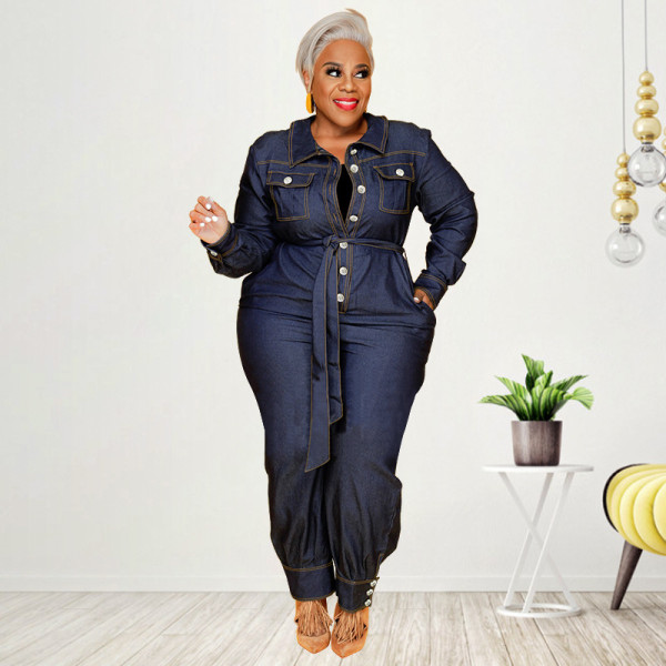 Plus Size V-Neck Casual Denim Jumpsuit GDAM-21863