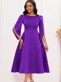 Solid Color 3/4 Sleeve Big Swing Midi Dress GATE-413