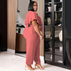Plus Size Solid Tie Up Casual Two Piece Pants Set NNWF-7984