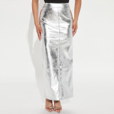 Patchwork Split PU Leather Half Body Skirt GFRT-7662SG