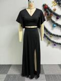 Solid Fly Sleeve V-Neck Split Skirt 2 Piece Set NY-10776