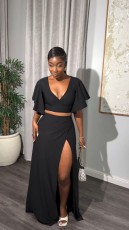 Solid Fly Sleeve V-Neck Split Skirt 2 Piece Set NY-10776