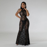 Lace Halter Backless Slim Maxi Dress CYA-901214