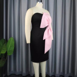 Sexy One Shoulder Color Contrast Bowknot Gown Dress GKEN-030304