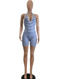 Stripe Print Halter Backles Bandage Romper QODY-6034