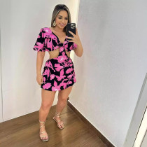 Printed Hollow Out Ruffle Sleeve Romper NY-10786