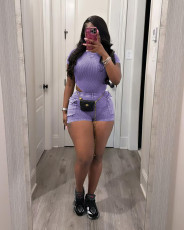 Solid Color Rib Bodysuit And Shorts 2 Piece Set TR-1311