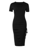 Solid Ripped Hole Drawstring Side Split Dress SFY-TW195