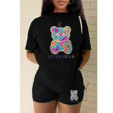 Plus Size Bear Print Short Sleeve Two Piece Shorts Set GMZD-M3111L30