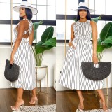 Stripe Sleeveless Crisscross Straps Maxi Dress NY-10782