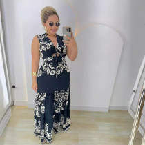 Printed Patchwork Tie Up Hollow Out Sleeveless Maxi Dress NY-10781