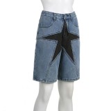 Loose Color-blocked Pentagram Splicing Denim Mid Pants GQLF-8090