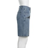 Loose Color-blocked Pentagram Splicing Denim Mid Pants GQLF-8090