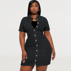 Plus Size Lapel Single-breasted Denim Mini Dress GDAM-218501