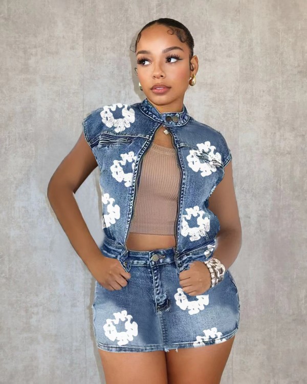 Fashion Print Denim Sleeveless Zipper Jacket Skirt Suit TK-6322
