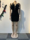 Sequin Deep V Neck Feather Mini Dress NY-3205