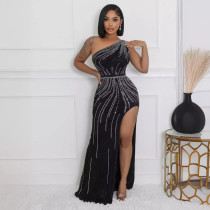 Hot Drill Slash Shoulder Split Maxi Dress NY-3199