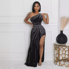 Hot Drill Slash Shoulder Split Maxi Dress NY-3199