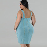 Plus Size Denim Sling Tassel Sleeveless Mini Dress GDAM-218505