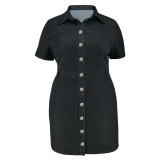 Plus Size Lapel Single-breasted Denim Mini Dress GDAM-218501