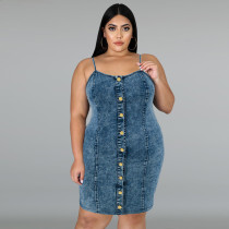 Plus Size Sleeveless Sling Demim Mini Dress GDAM-218399