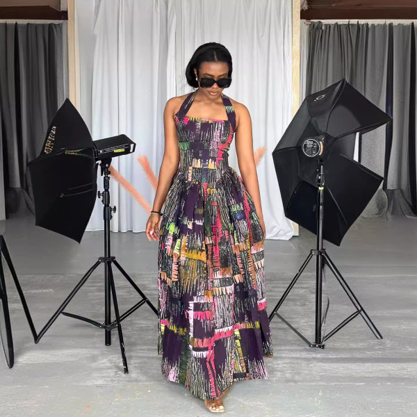 Fashion Print Halter Big Swing Maxi Dress NY-10787